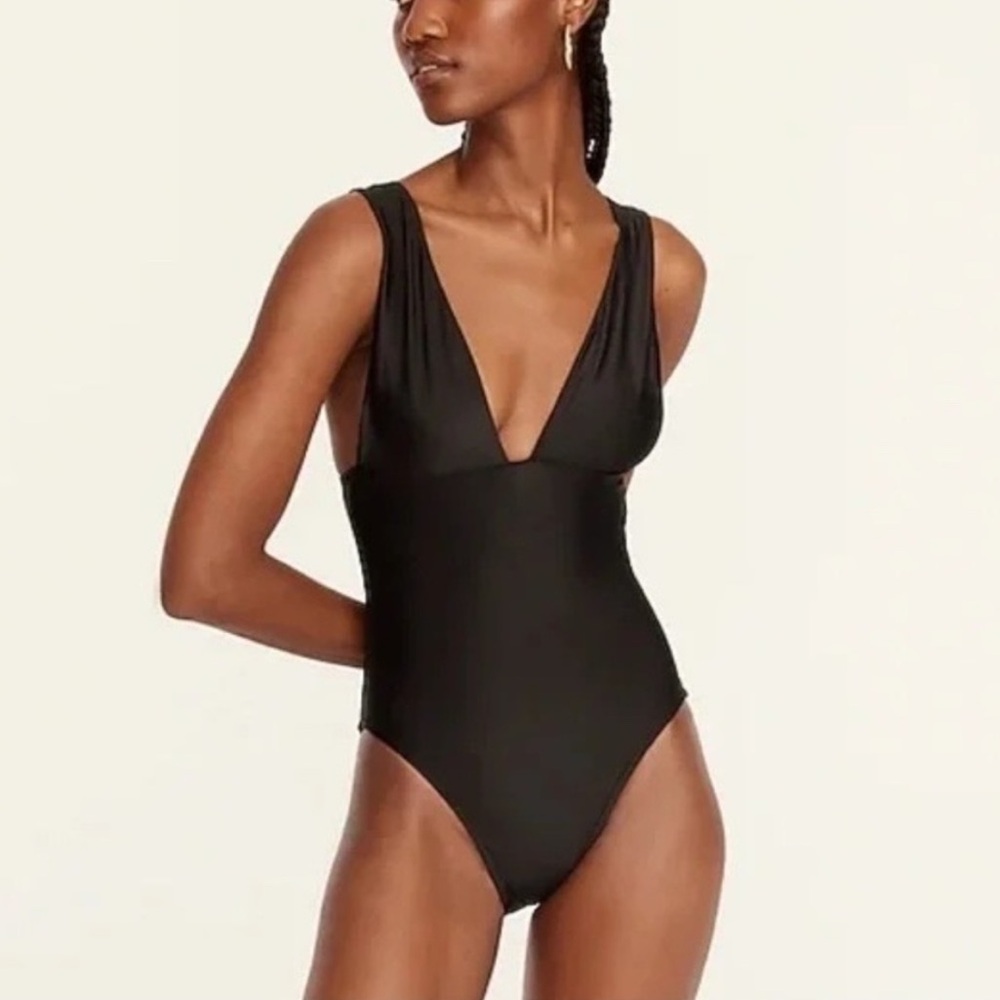 J.Crew black plunge V-neck Satin Finish one-piece swimsuit Size 10